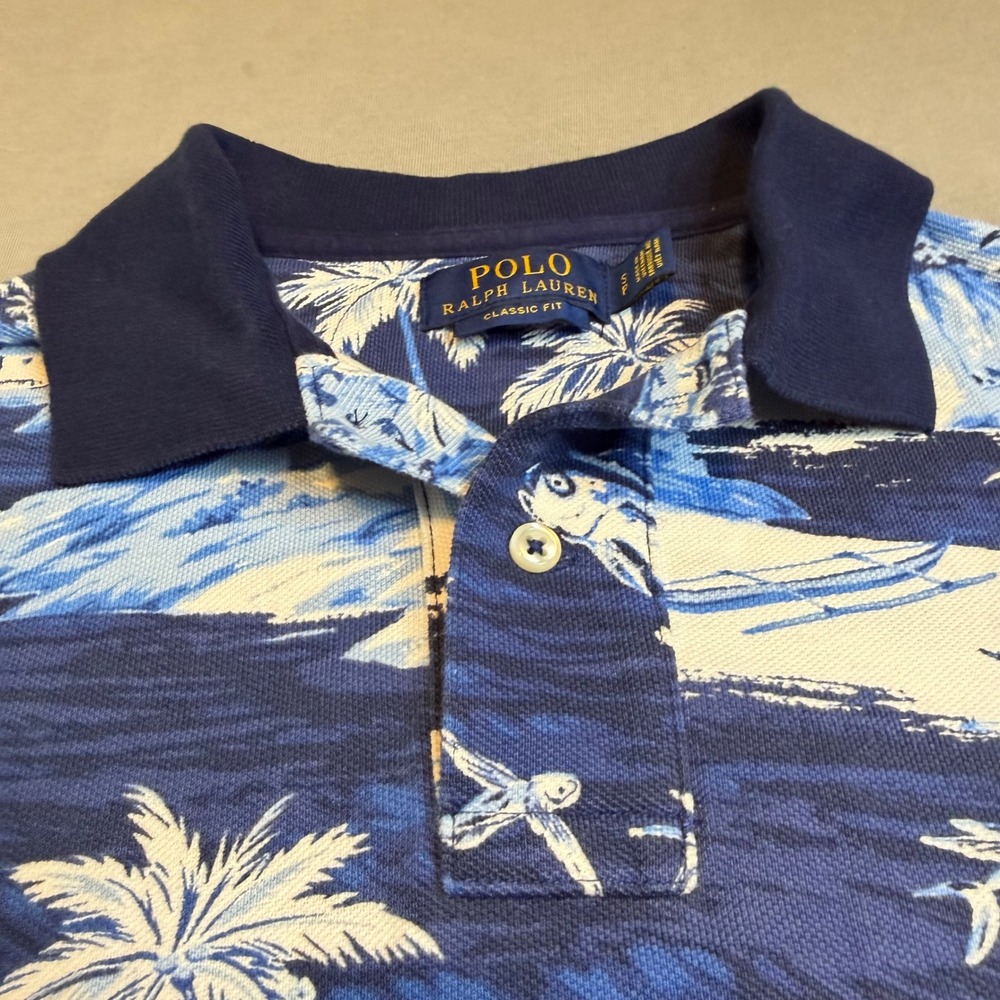Polo Ralph Lauren Classic Fit Blue Tropical‎ Island Palm Tree Fish Polo Shirt S